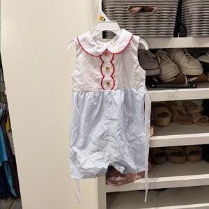 Girls White and Light Blue Striped Sleeveless Romper with Red Trim